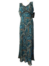 Karen Kane Medium V Neck Beaded Brown Green Paisley Maxi Dress Ruffle Lined Vtg