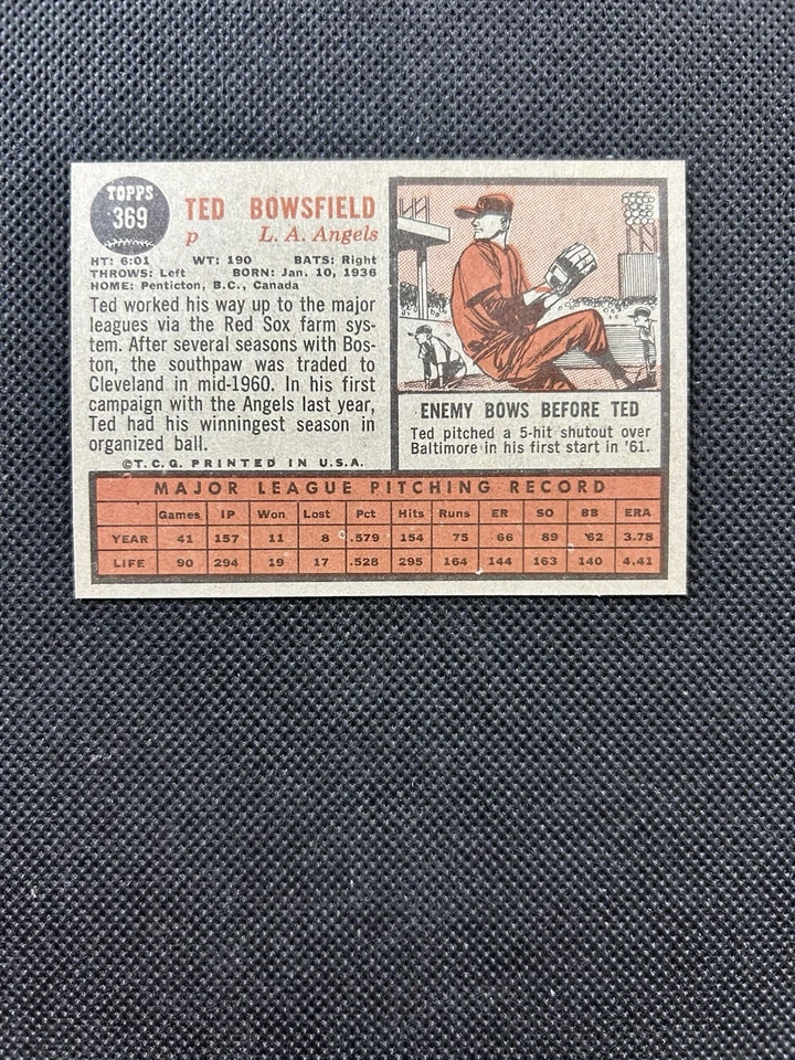 1962 Topps #369 Ted Bowsfield Los Angeles Angels High-end NM-MT B62#369A1 - Image 2 of 2