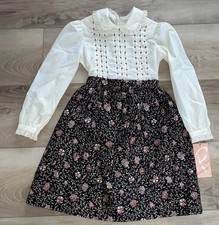 Vintage Polly Flinders Girls Dress Hand Smocked Ivory Black Floral Size 8 NEW
