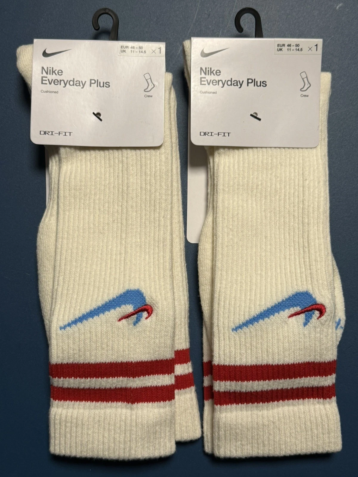 2x NIKE Mens 11-14.5 Everyday Plus CUSHIONED CREW SOCKS Sail Red Blue DQ9165-133