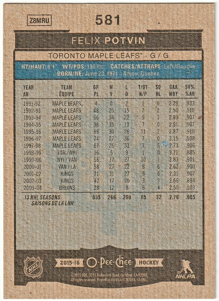 2015-16 O-Pee-Chee (Marquee Legend) SP Card # 581 Felix Potvin! - Image 2 of 2