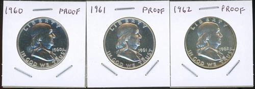 Lot of (3) Coins - 90% Silver Franklin Half Dollars - 1960, 1961 & 1962 *PROOF!*