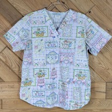 Cherokee Comfort Medical Scrub Top Loads Of Love Print V Neck Size M