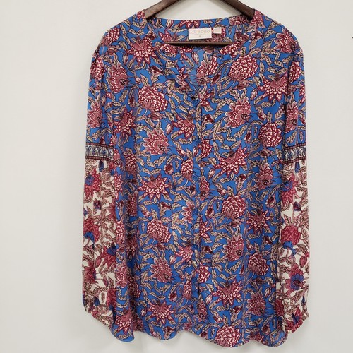 Belle Boho Kim Gravel Womens Floral Button Top Size 2X Blue Boho Mature Floral