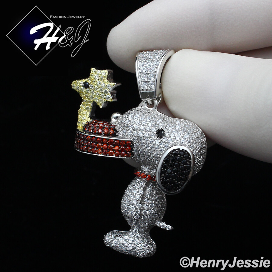MEN SOLID 925 STERLING SILVER FULL ICY BLING CZ 3D SNOOPY DOG PENDANT*SP267