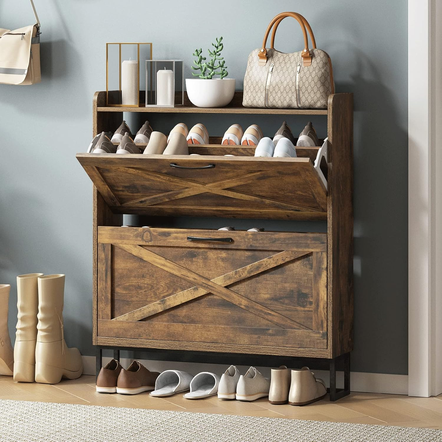 Shoe Storage Cabinet with 2 Flip Drawers Freestanding Organizer Metal Legs