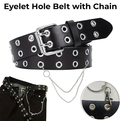Gothic Unisex Gürtel Mit Silberner Kette Punk Doppel Öse PU Leder Gürtel Schwarz - Bild 1 von 4
