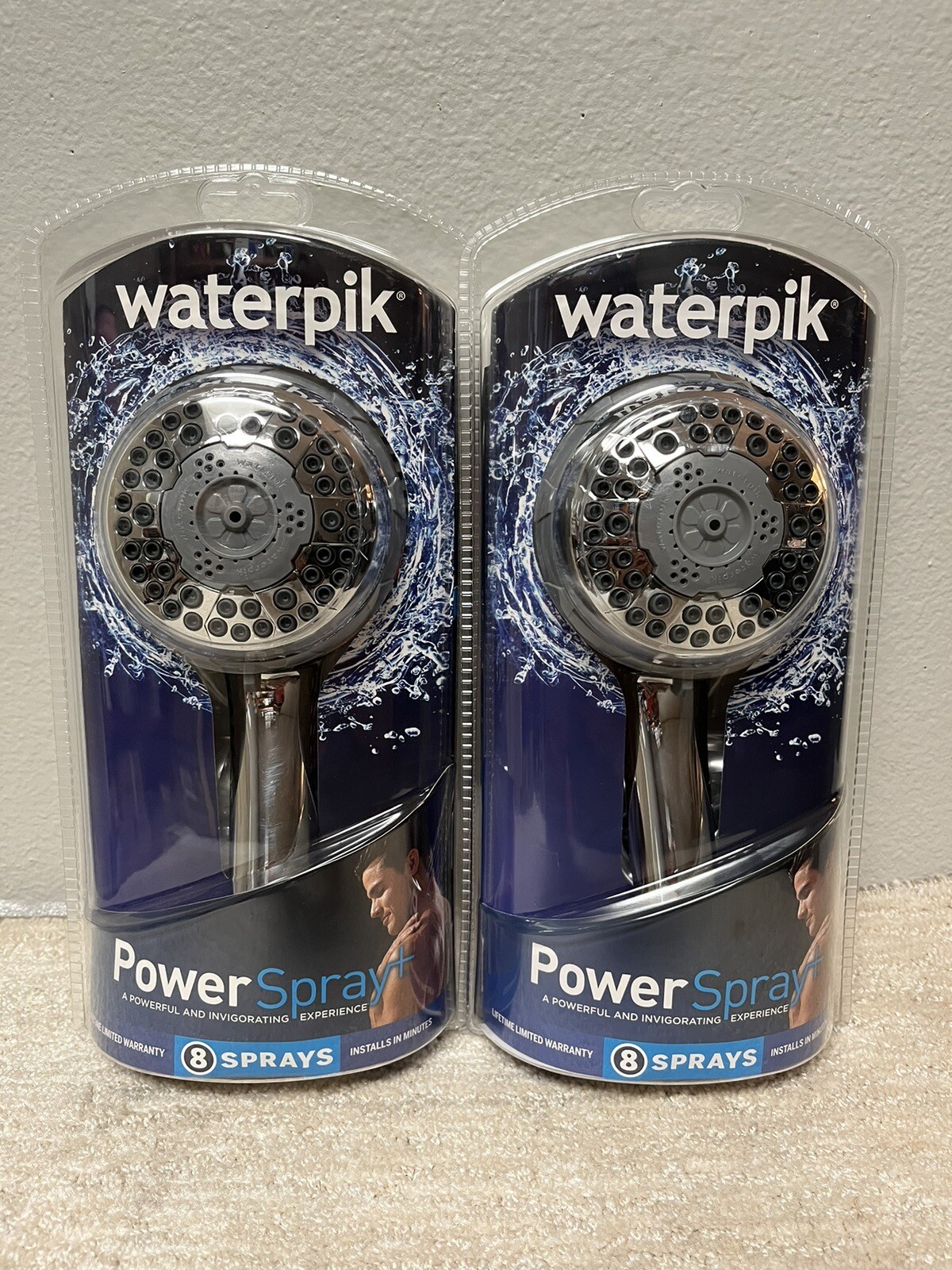 NEW (2) Sealed Waterpik Power Spray Plus Shower Head 8 Spray Settings