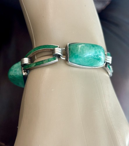 George Cahoone Art Deco Sterling Silver Guilloche & Peking Glass Bracelet - Picture 3 of 24