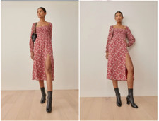 REFORMATION CELLO FLOWER GIRL LONG SLEEVE SMOCKED RED MIDI  DRESS  XS