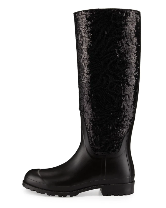 NUEVO CON ETIQUETAS $795 Saint Laurent Festival Negro Goma Lentejuelas Hasta la Rodilla Botas de Lluvia 5 35 Foto 2 de 4