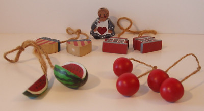Six 1980s Wooden Knickknacks, Five Pairs with a Jute String Connection
