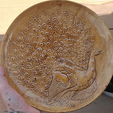 Handmade Brown Ceramic Peacock Art Pottery Decorative Plate, glazed Finish