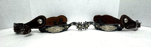 Vintage Spurs Western Cowboy Engraved Silver Overlay tooled Leather Gun Buckles
