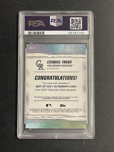 2021 Bowman's Best #B21ET Ezequiel Tovar Blue Refractor Auto 118/150 PSA 10 - Picture 2 of 3