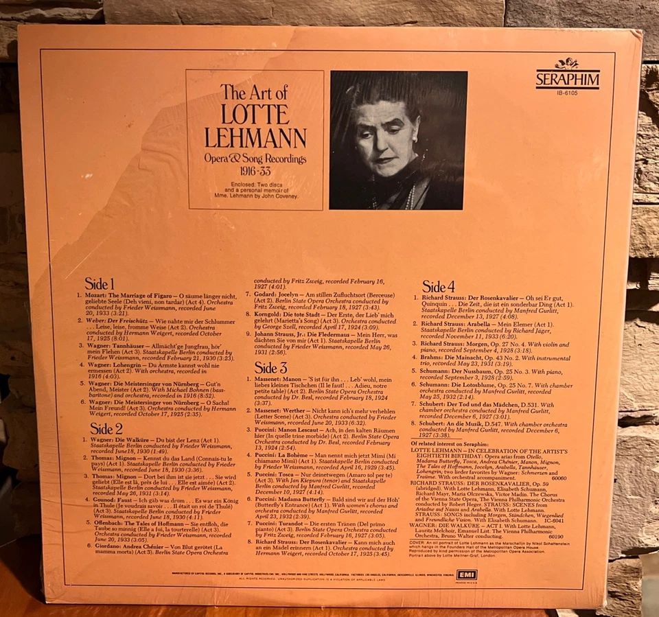Art Of Lotte Lehmann Opera & Song Recordings Seraphim IB-6105 NEW SEALED 2LP - Image 2 of 2