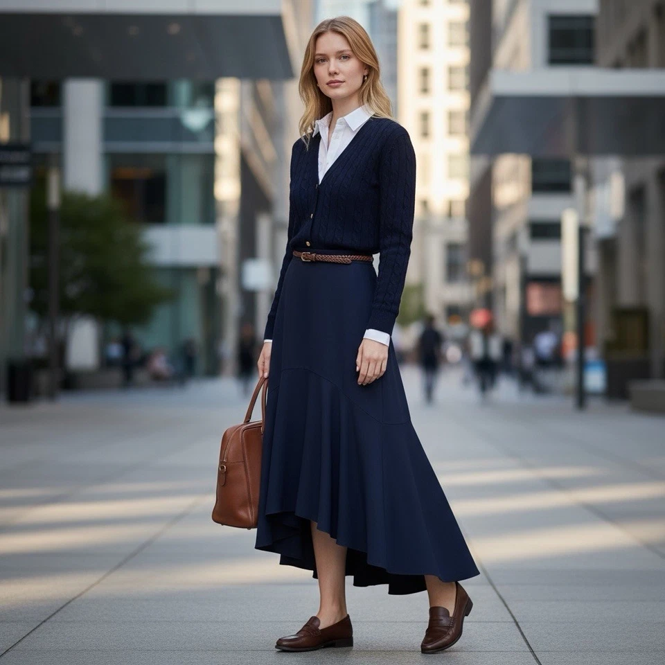 Falda midi acampanada 100 % seda azul marino Lauren Ralph Lauren para mujer 4P Foto 2 de 4