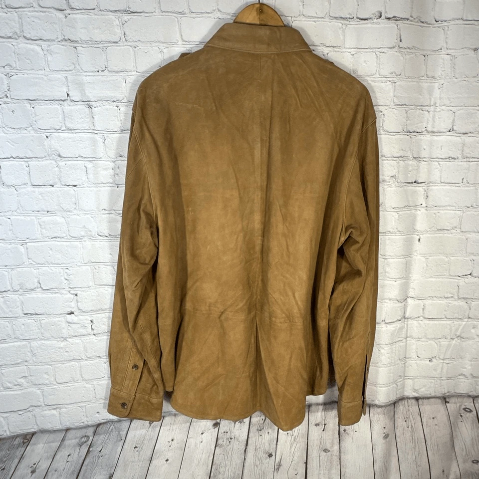 Camisa polo masculina vintage Ralph Lauren couro camurça grande marrom botão ocidental - Imagem 3 de 4