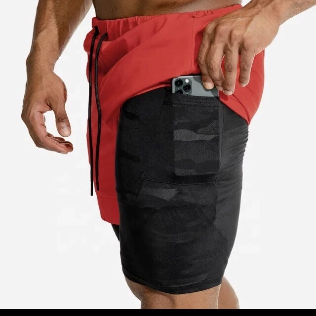 Pantalones Cortos 2 en 1 Bolsillo Teléfono Calce Cruzado Para Hombre Gimnasio Fitness con Comprensión Interior  Foto 3 de 4