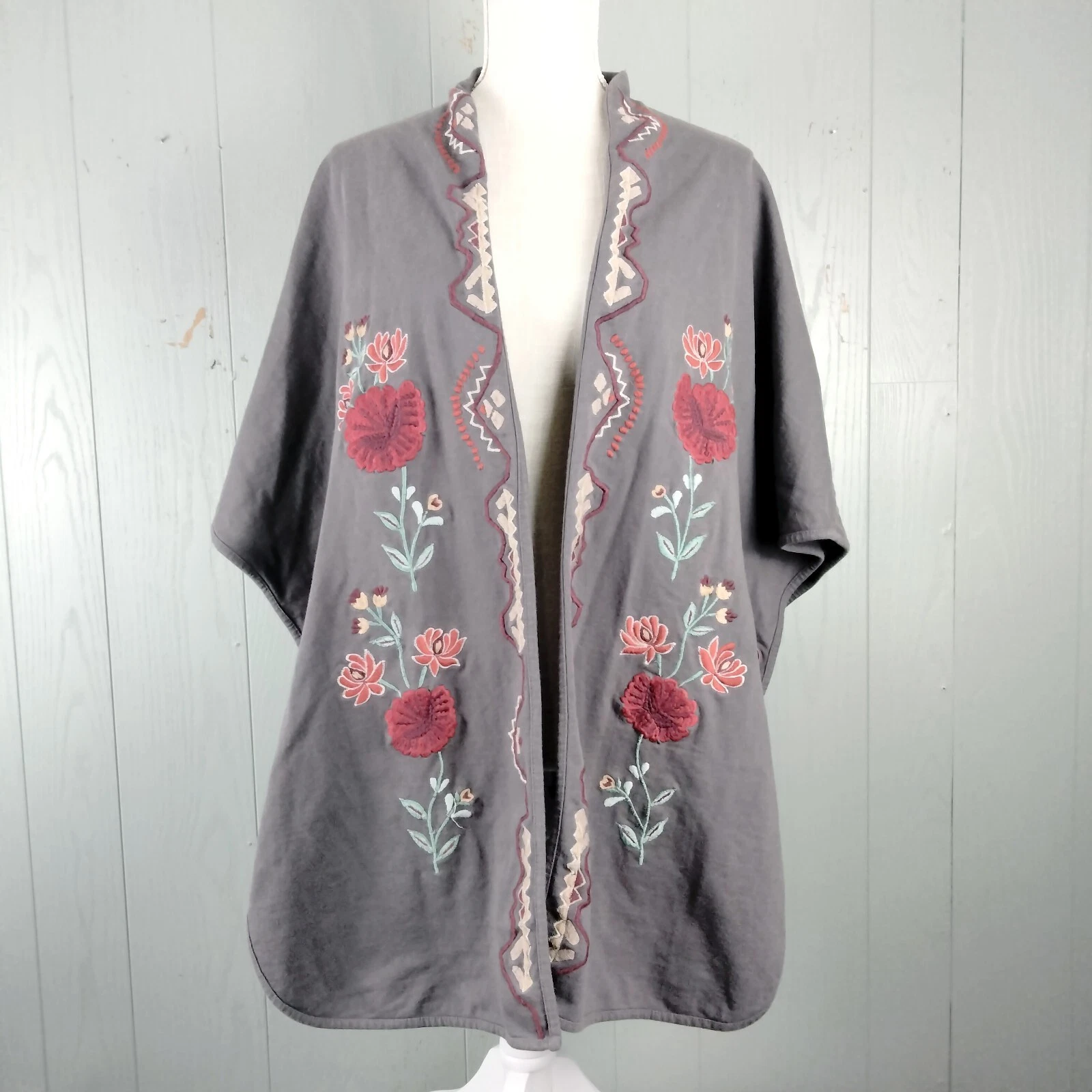 Soft Surroundings Poncho Cape Womens S Taupe Embroidered Open Front Boho Relaxed
