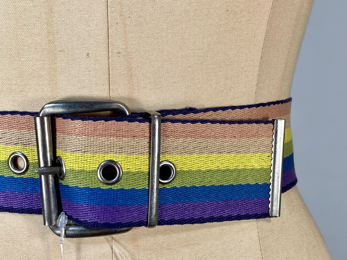 Vintage 70s 80s Rainbow Striped Embroidered Silver Beads Metallic Weave Belt ?? hard to find Original vintage Victorian revival 1970s  main image 2