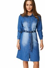 Ladies New Blue Denim Collared Button Down Longsleeve Belted Jean Womens Dress