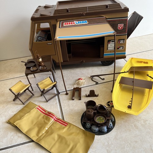 1972 Mattel Big Jim Sports Camper And Accessories Boat Fire pit Dishes Chairs