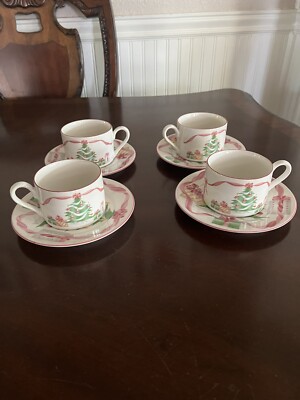 Set of 4 Vintage '92 Sango Home for Christmas Cups and Saucers Pink Ribbon 4829