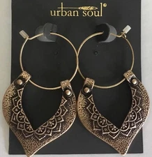 Copper Tone Hoop Dangle Embossed Boho Tribal Earrings New Urban Soul Brand
