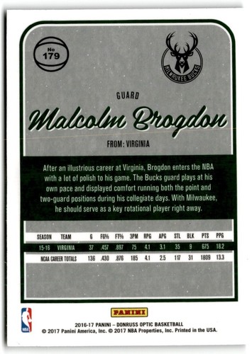 2016-17 Donruss Optic Malcolm Brogdon Rookie Milwaukee Bucks #179 - Picture 2 of 2