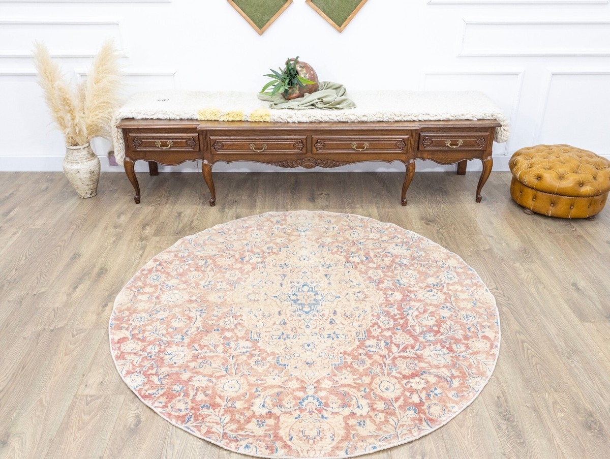 ROUND112cm\"Clockwork”ViNTAGE TURKiSH RUG Vintage Round Turkish Rug-Antique Style Oushak Knotted