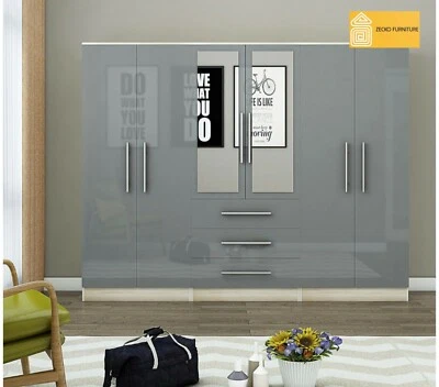 UNIQUE Spacious 6 Door Mirrored Fitment Wardrobe – High Gloss Grey Finish - 3 drawers