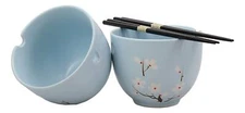 Ebros Ceramic Japanese Sakura Ramen Udong Noodles Bowls and Chopsticks Set of 2