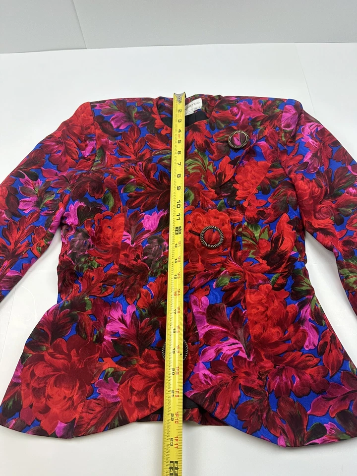 80s VINTAGE Peplum RAUL BLANCO Silk Retro Jacket skirt Size 4 Floral - Image 4 of 4