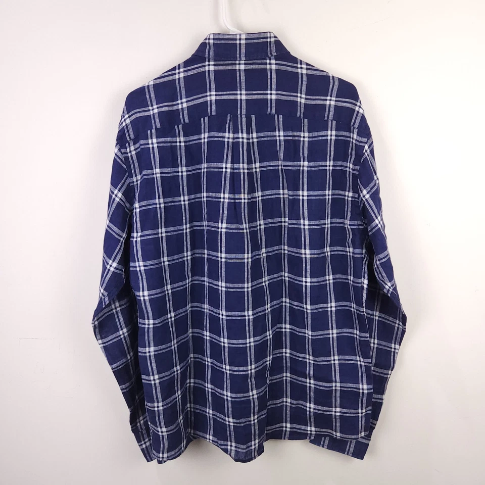 Peter Millar Shirt Men's Large Blue White Plaid Linen Button Up Long Sleeve - Image 2 of 4