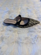 Prosperine Black/Natural Patterned Raffia Low Heels, Leather, EU 38.5 , US 7.5