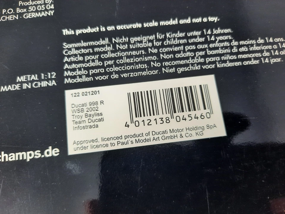 Minichamps Ducati 998 R Troy Bayliss Superbike WSB 2002 1/12 122021201 - Immagine 4 di 4