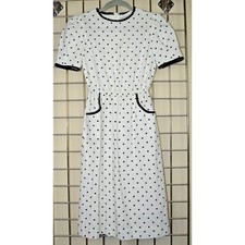 Midi Dress VTG 50s 60s Leslie Fay White Black Polka Dots Pockets Size S/M