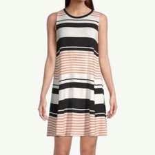 LOFT Striped Tie Back Swing Sleveless Dress Brown White Sz S