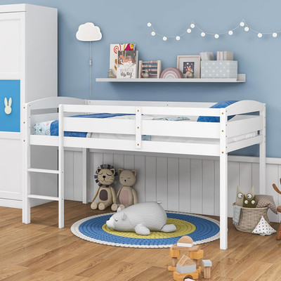 Twin Loft Bed with Ladder, Space-Saving Design for Kids & Teens, White