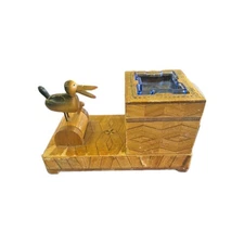 Vintage Inlay Carved Wood Cigarette Box Holder Dispenser with Ashtray As Is