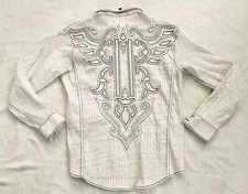 Roar Mens Large White Western Embroidered Wings Graphic Button Up Shirt