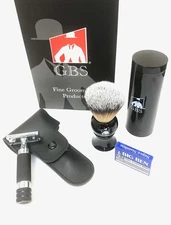 Travel Shaving Kit Black Brush Safety Leather Case 10 Blades Beard Care Set