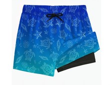 Boys Blue Turquoise Sea Turtle Starfish Swim Shorts Elastic Waist Lined 10-12Y