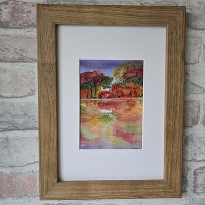 Original Aquarell Gemälde Landschaft Bäume Landhaus See Fluss Reflexionen Kunst