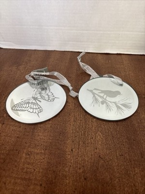 2 Sullivangift Mirror Christmas ornaments Bird on pine bough & butterfly etched