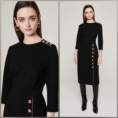 $900 Escada wool black EE logo buttons midi skirt sz 40 10 L
