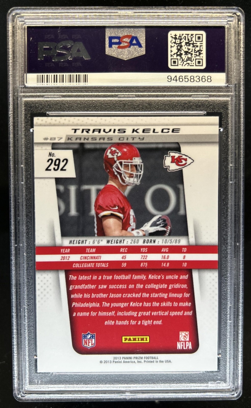 2013 Panini Prizm Travis Kelce Rookie RC #292 Chiefs PSA 10 GEM MINT view 2