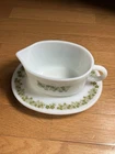 Vintage Pyrex Green Spring Blossom Green Crazy Daisy Gravy Boat & Saucer Plate