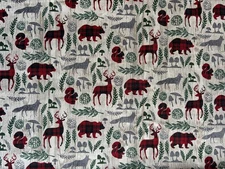 JoAnn Maker's Holiday Fabric Red Plaid & Gray Woodland Animals Cotton 1 yd + 21"